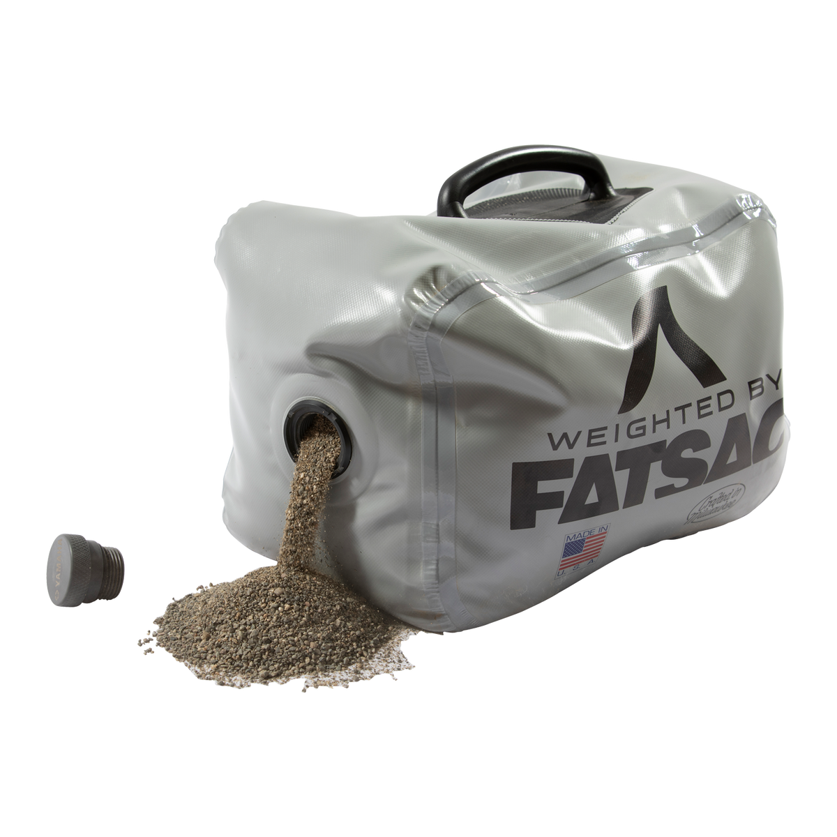 Gray FatSac M1040 bag with sand pouring out, cap removed.