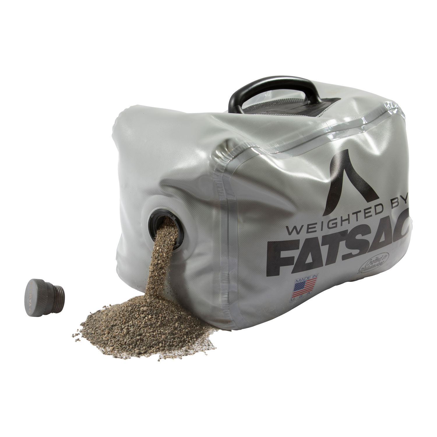 Gray FatSac M1040 bag with sand pouring out, cap removed.