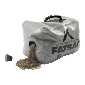Gray FatSac M1040 bag with sand pouring out, cap removed.