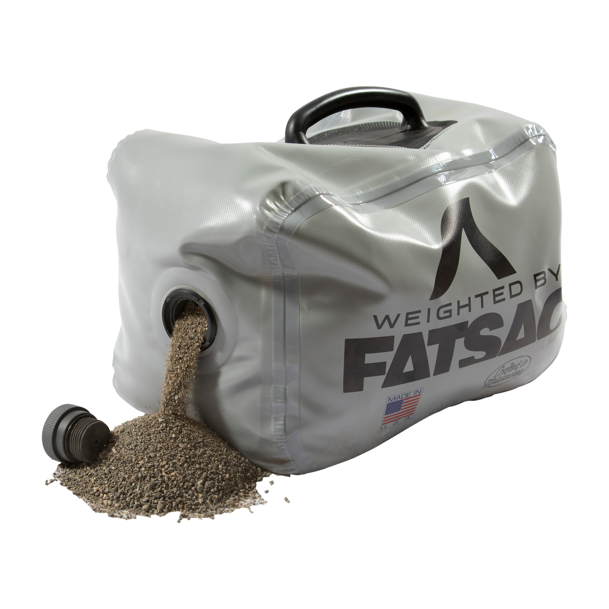 Gray FatSac Fillable Weight Bag (M1040), some sand spilled out, handle on top.