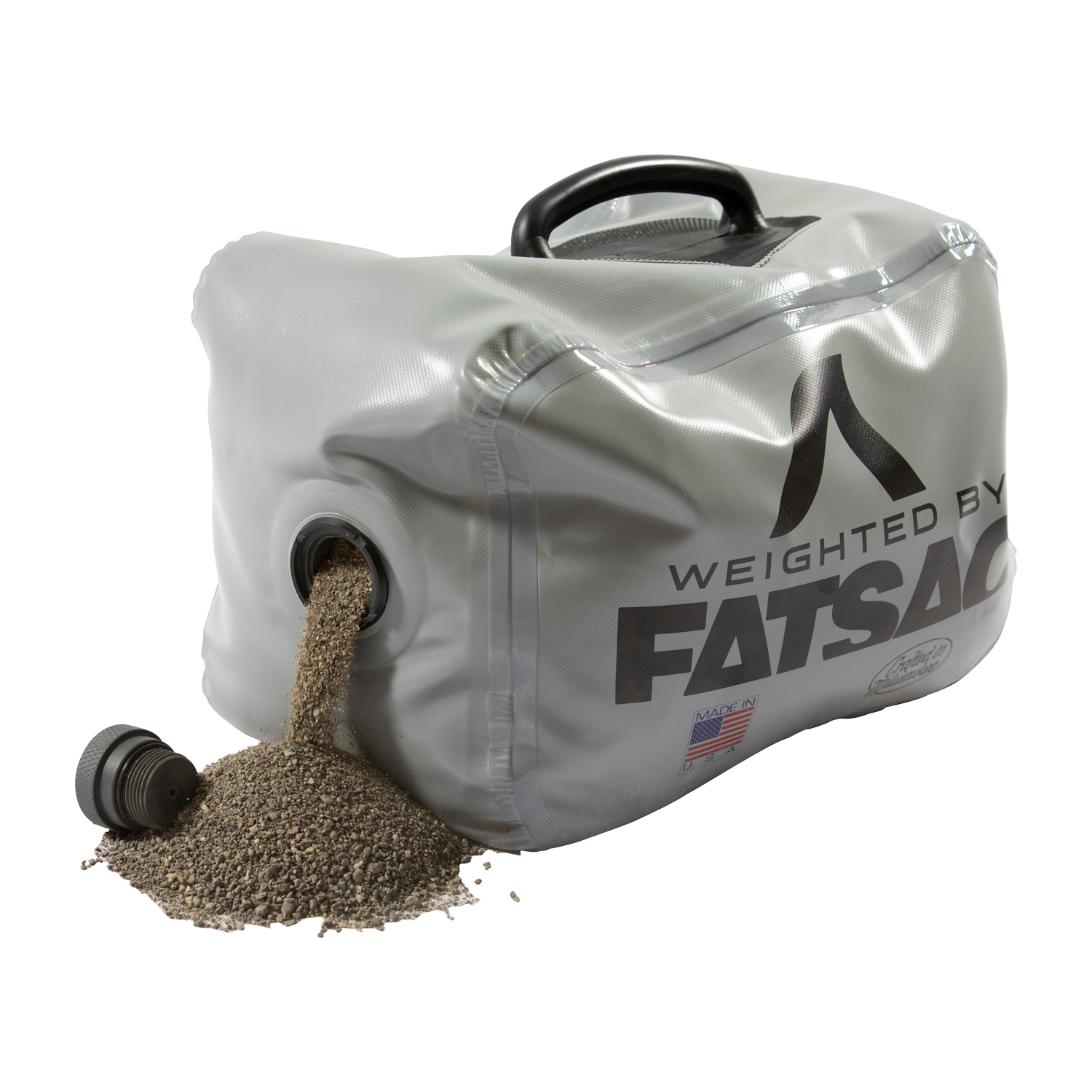 Gray FatSac Fillable Weight Bag (M1040), some sand spilled out, handle on top.