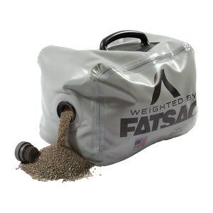 Gray FatSac Fillable Weight Bag (M1040), some sand spilled out, handle on top.