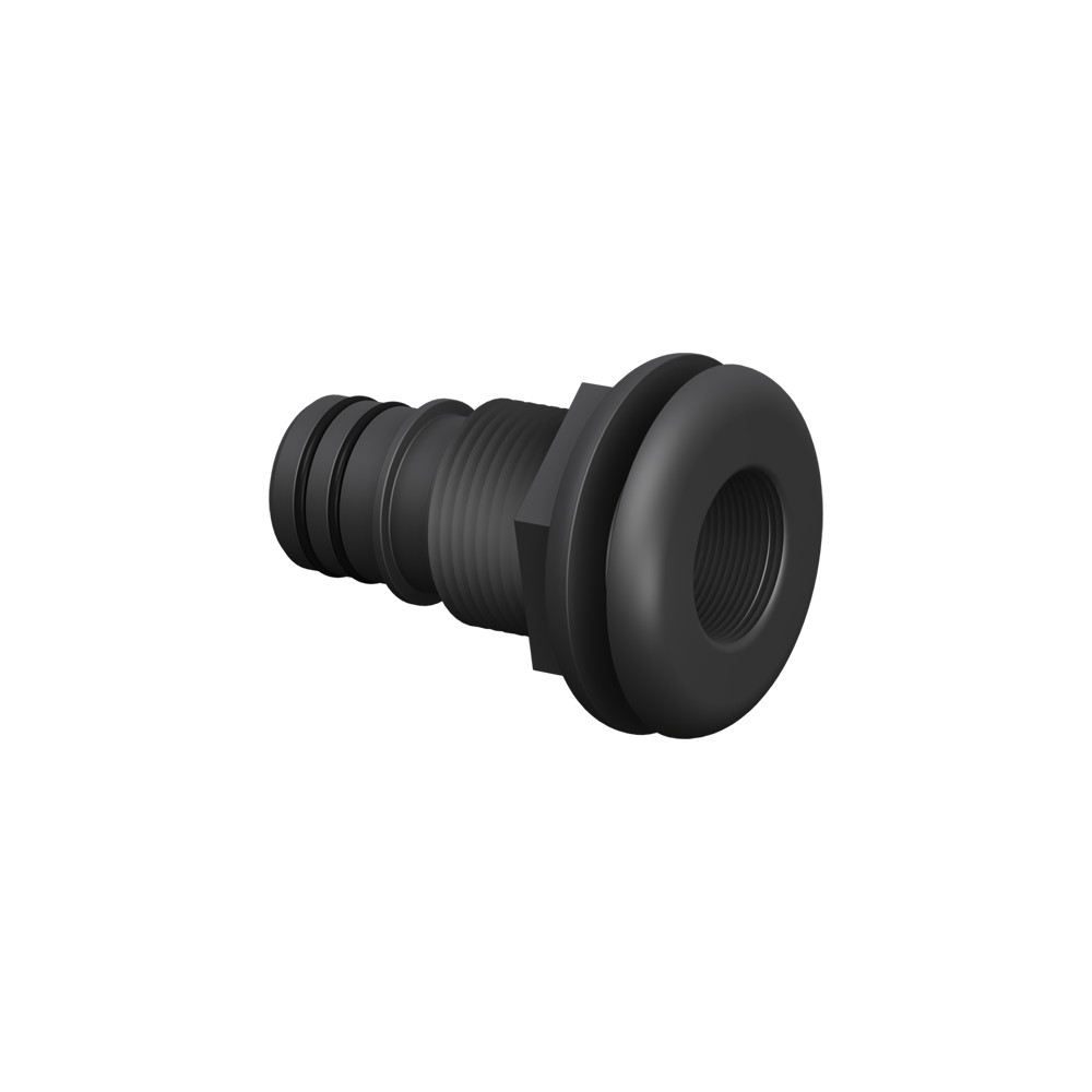 Isolated Thru-Hull, Threaded, Flanged black plastic connector, 1-1/8in (S1003).