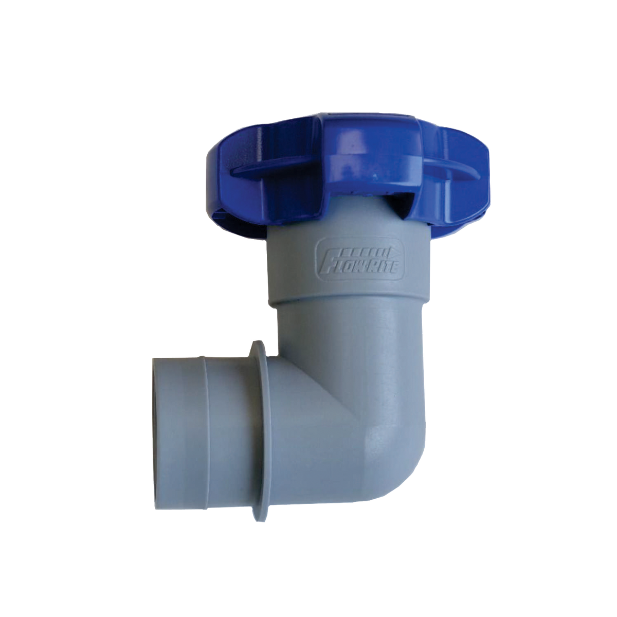 Flow-Rite QC Elbow Fitting (S1007) with blue valve handle and 1-1/2” hose clamp.
