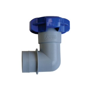Flow-Rite QC Elbow Fitting (S1007) with blue valve handle and 1-1/2” hose clamp.