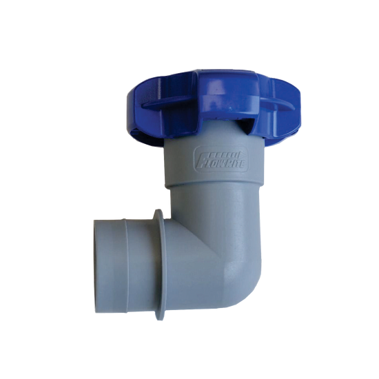 Flow-Rite QC Elbow Fitting (S1007) with blue valve handle and 1-1/2” hose clamp.