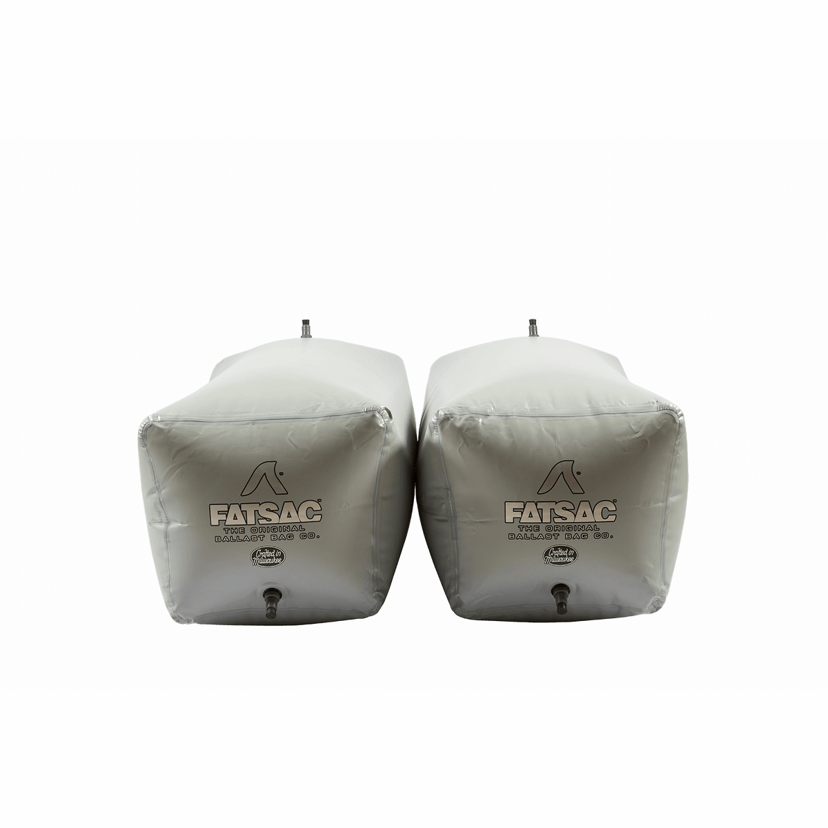 Two Nautique 900lb PNP bags, gray with barbed suction fittings, shown front view.