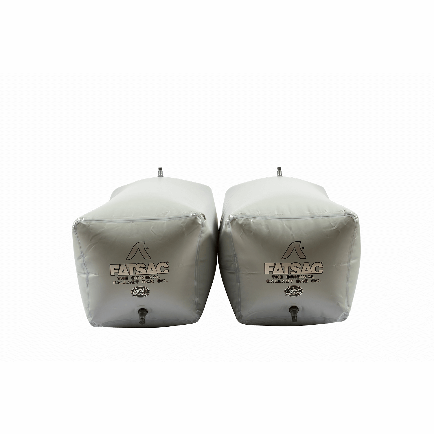 Two Nautique 900lb PNP bags, gray with barbed suction fittings, shown front view.