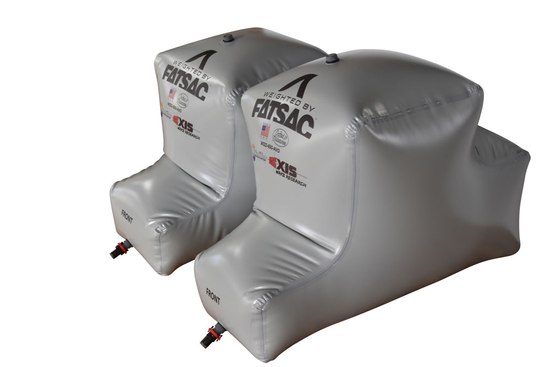 Two MALIBU PNP REAR SACS, 650 lbs each, in gray with FRONT and QC fittings at the base.