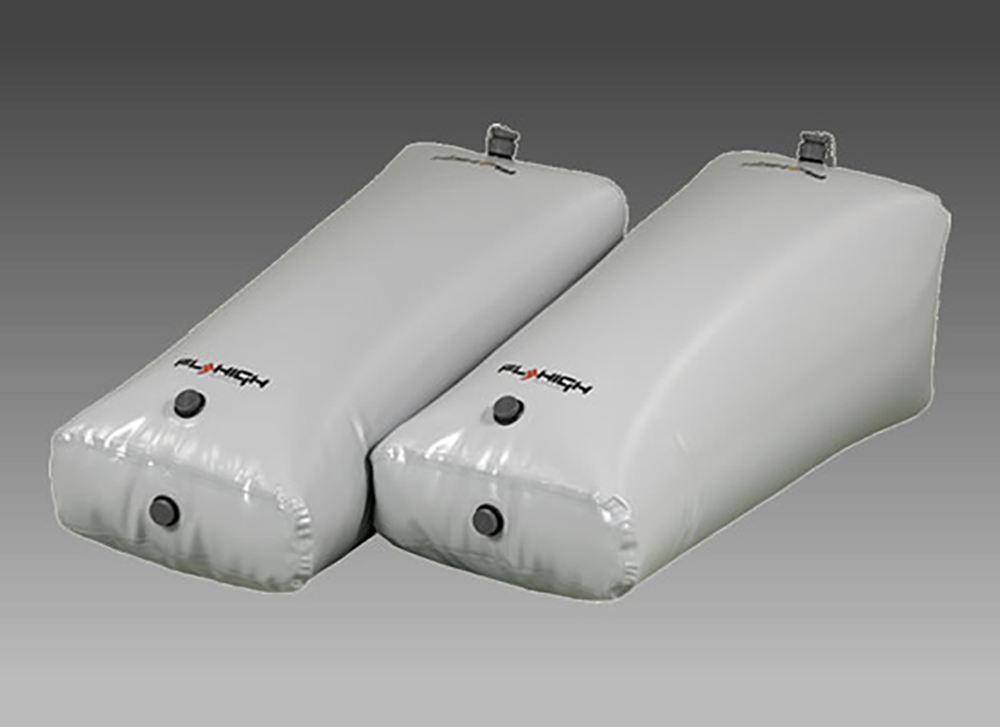 Two Nautique Wedge Fat Sac gray ballast bags with nozzles, ideal for V-Drive boats.