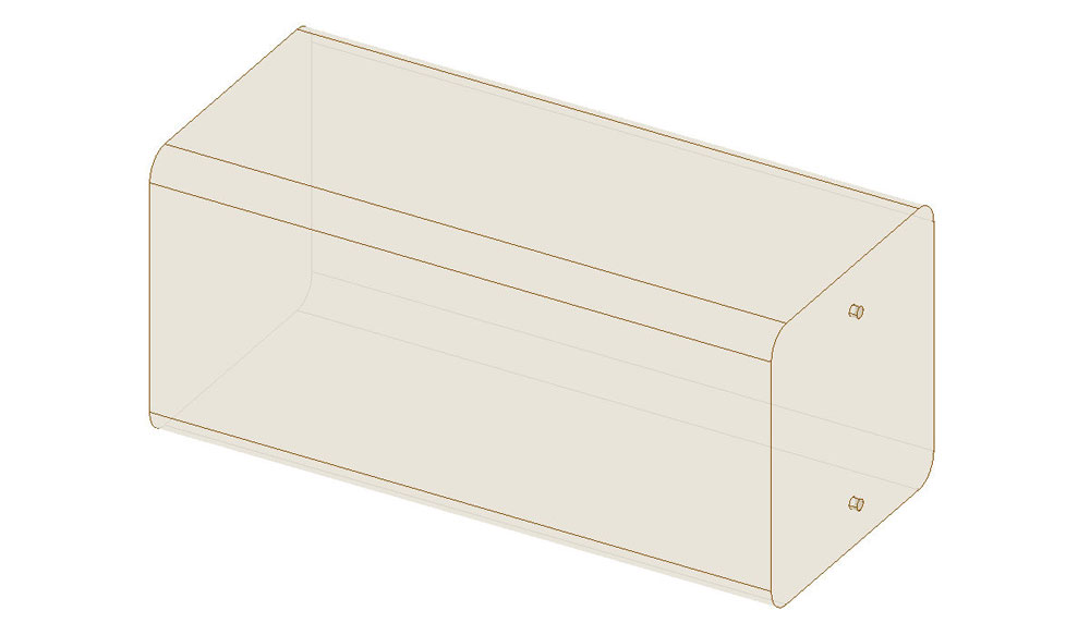 Isometric view of the Rear Gravity Games sac (W841): rounded edges, 42x19x19 cm, 2 circular holes.