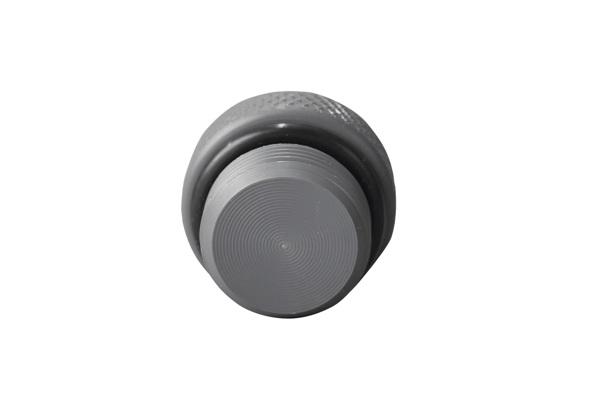 Gray, round Wally Plug (W731) with airtight seal, top view.