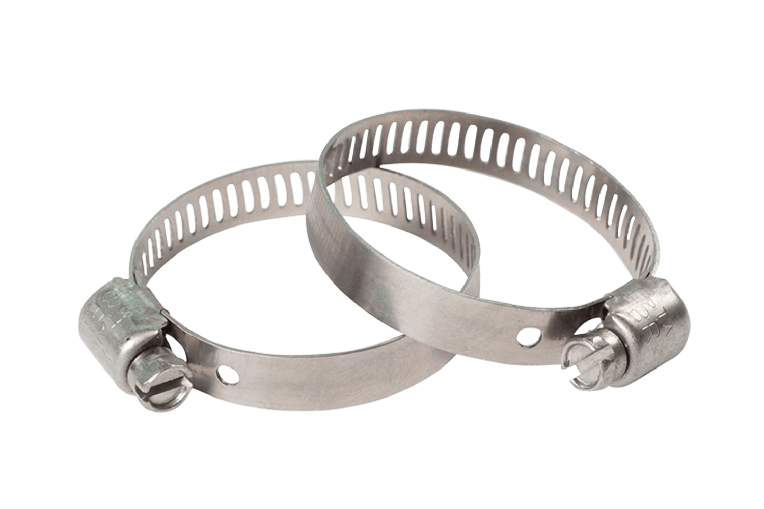 Two 316 Ss Worm-drive hose clamps in silver.