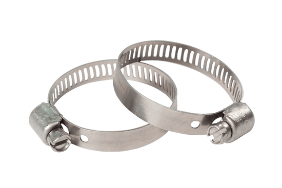Two 316 Ss Worm-drive hose clamps in silver.