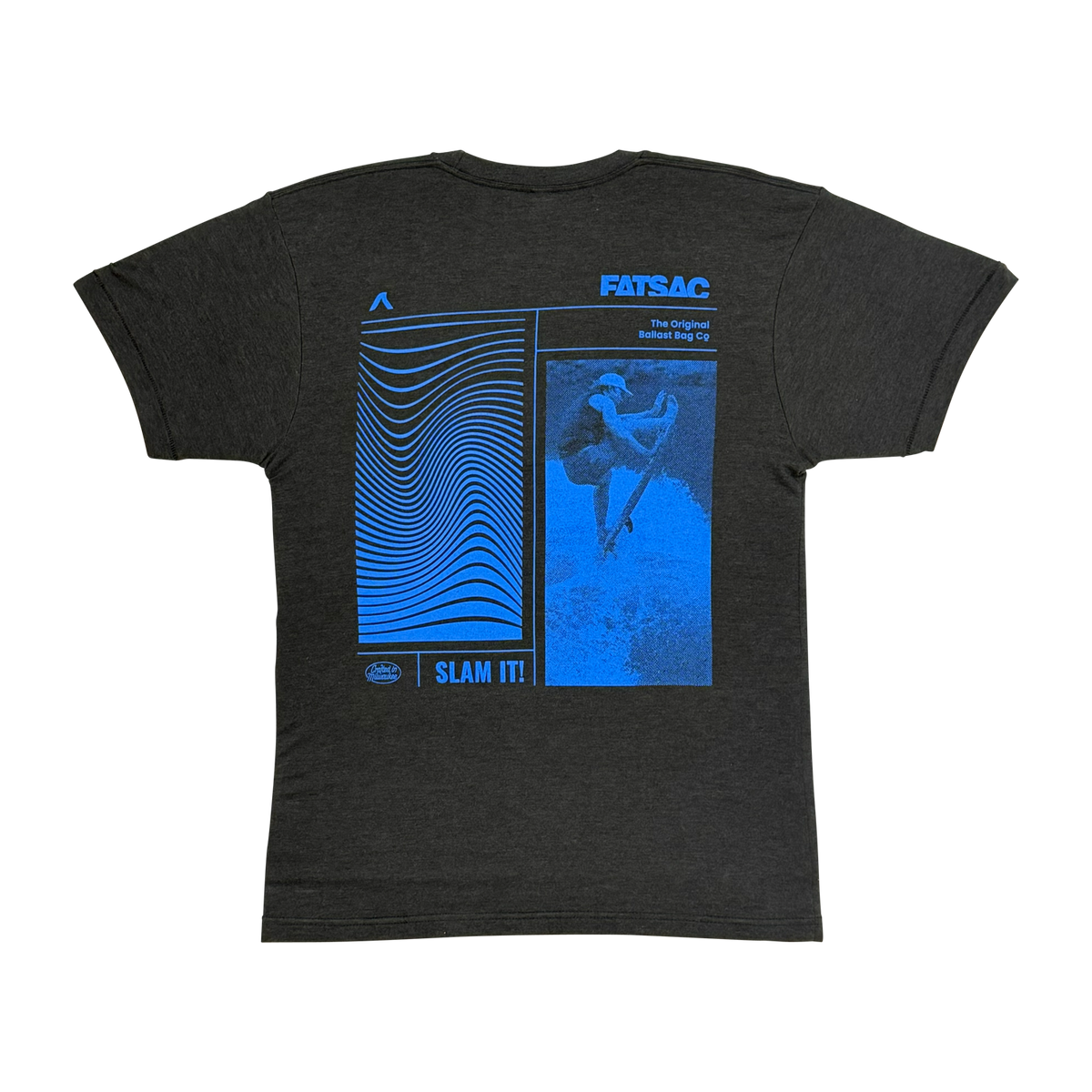 Back view of Fatsac Tee Shirt Blue Slam It! with blue wake graphic and “Slam It!” text.