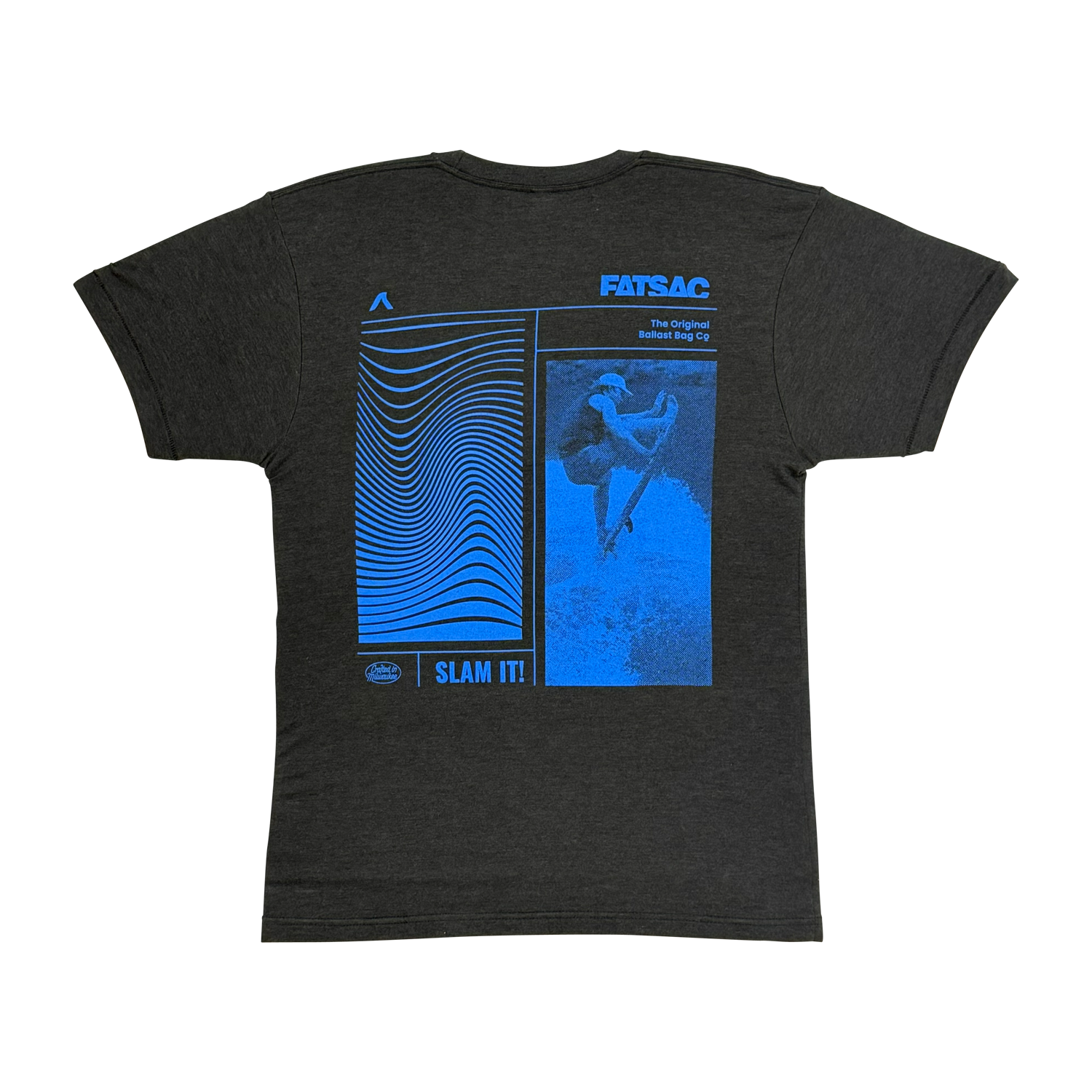 Back view of Fatsac Tee Shirt Blue Slam It! with blue wake graphic and “Slam It!” text.