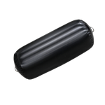 Close-up of a Fatsac black boat fender on a textured black surface.