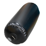 Fatsac black inflatable boat fender with heavy-duty dock line on white background.