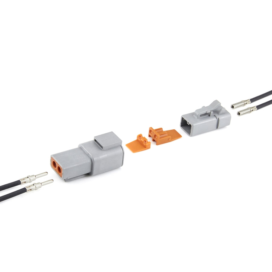 Exploded view of 2 pin female connector plug kit with wiring, terminals, and components.