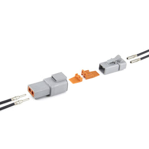 Exploded view of 2 pin female connector plug kit with wiring, terminals, and components.