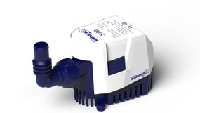 Angled view of Sahara Mk2 800 12v bilge pump with blue base and white housing.