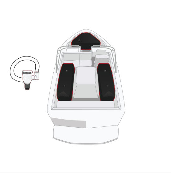 Illustration of a motorboat interior layout with seating and separate motor shown on the left.