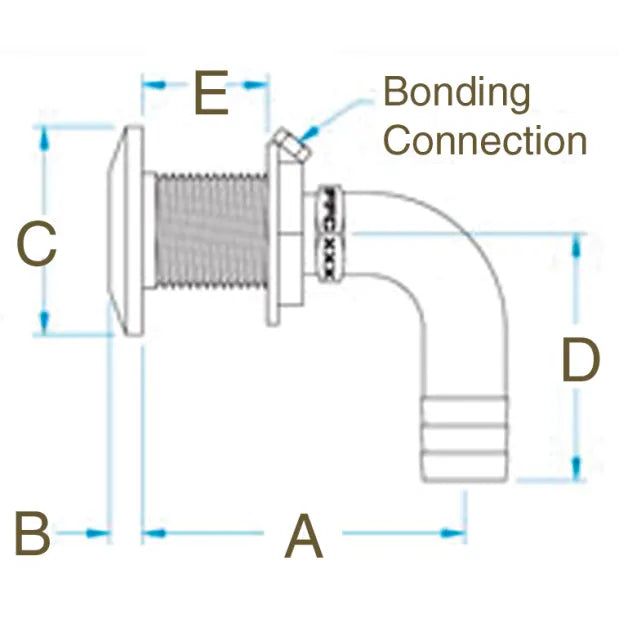 3/4 inch SS thru hull with bronze hose connection dimension diagram showing labeled measurements and bonding point.