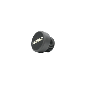Angled view of the black Wally Plug, a threaded ballast plug with a white FatSac logo.