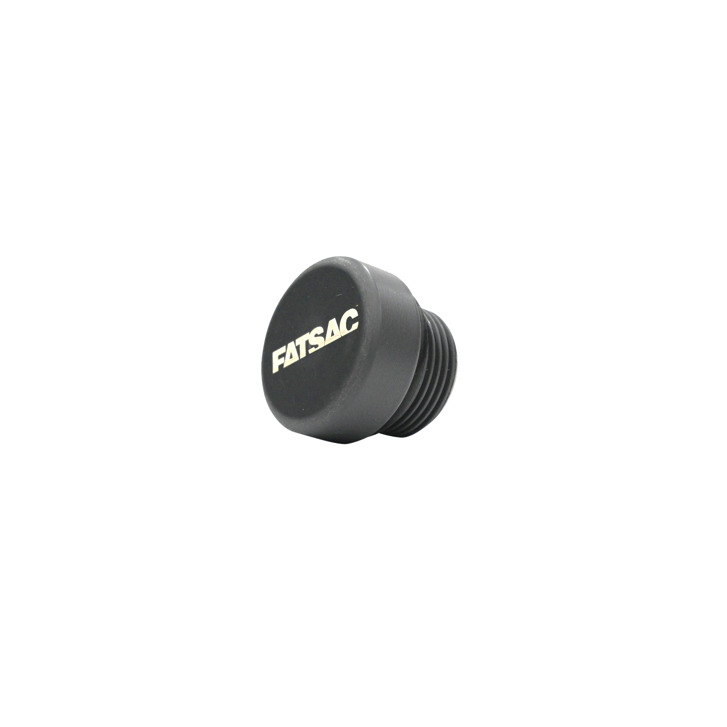Angled view of the black Wally Plug, a threaded ballast plug with a white FatSac logo.