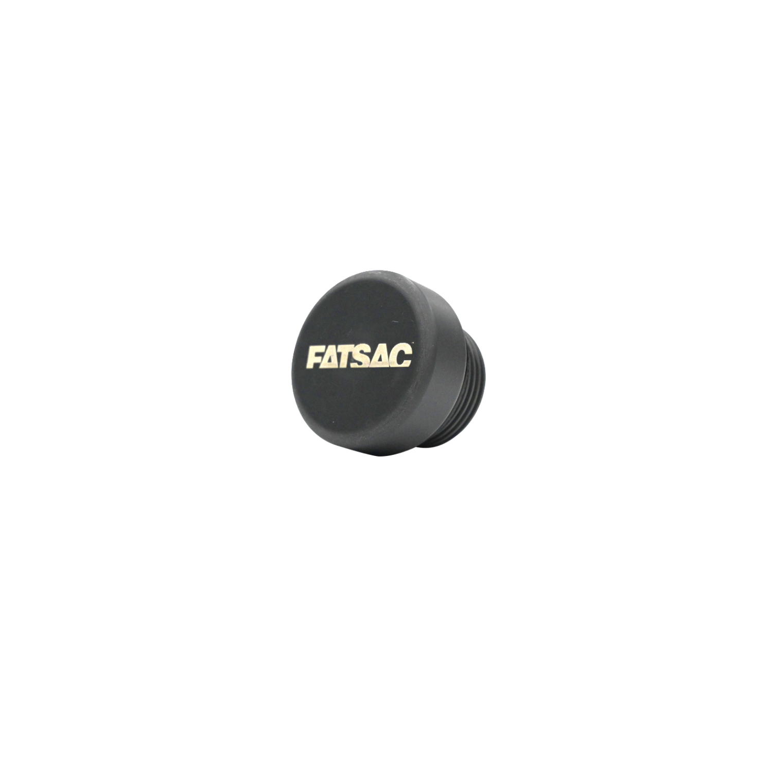 Front view of the black Wally Plug, a threaded ballast plug with a white FatSac logo.
