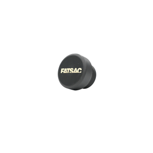 Front view of the black Wally Plug, a threaded ballast plug with a white FatSac logo.