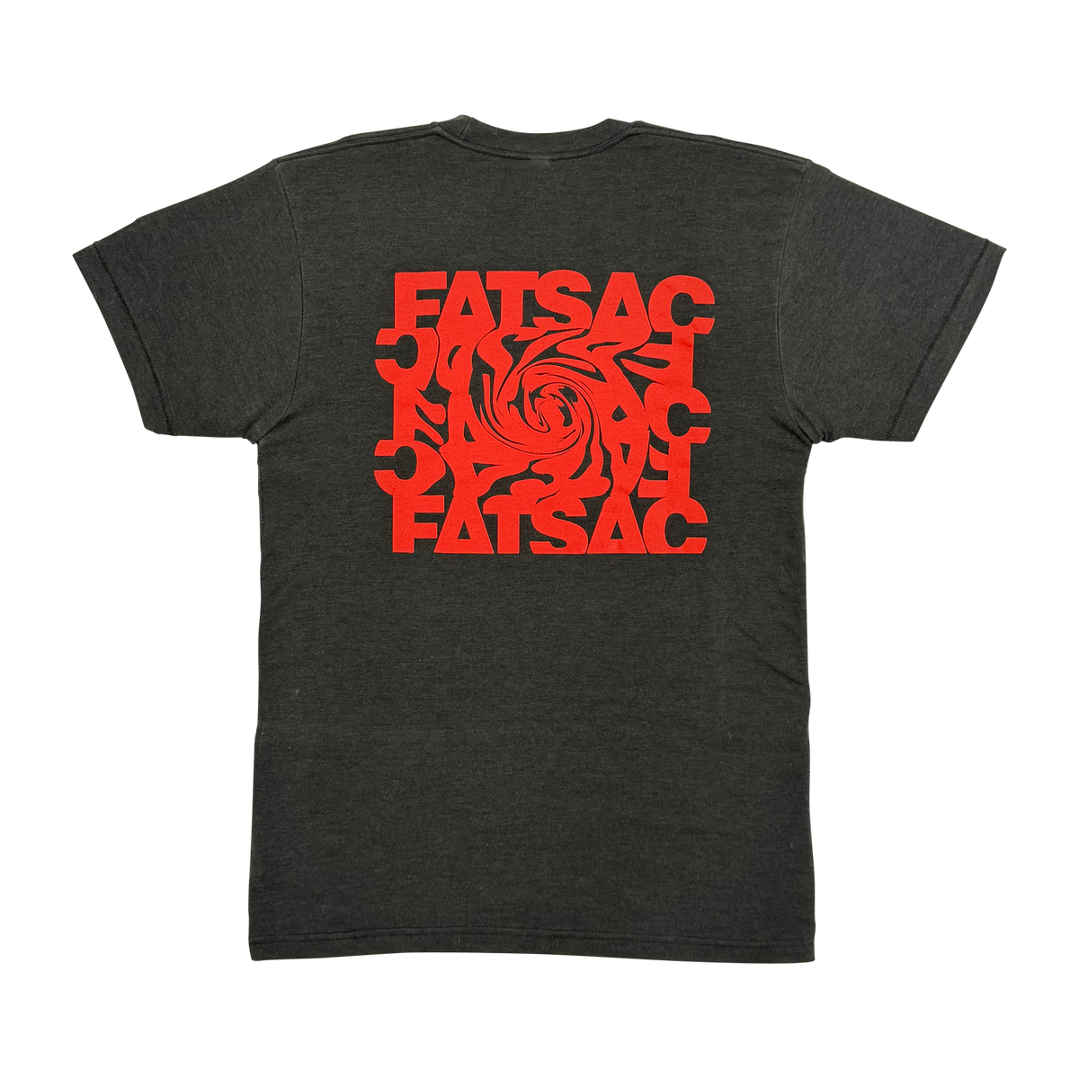 Back view of Fatsac Tee Shirt Red Swirl with large red swirl graphic and FATSAC text.