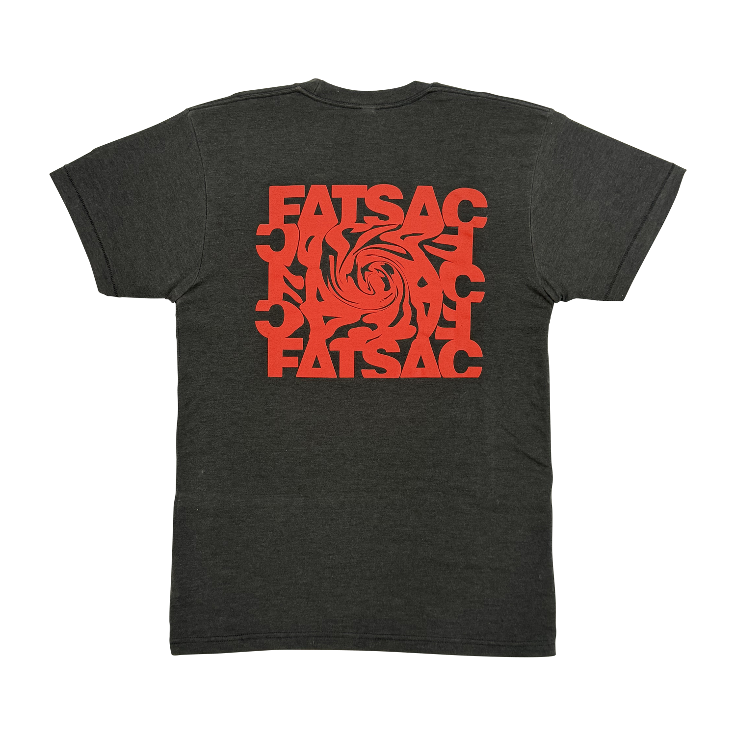 Back view of Fatsac Tee Shirt Red Swirl with large red swirl graphic and FATSAC text.