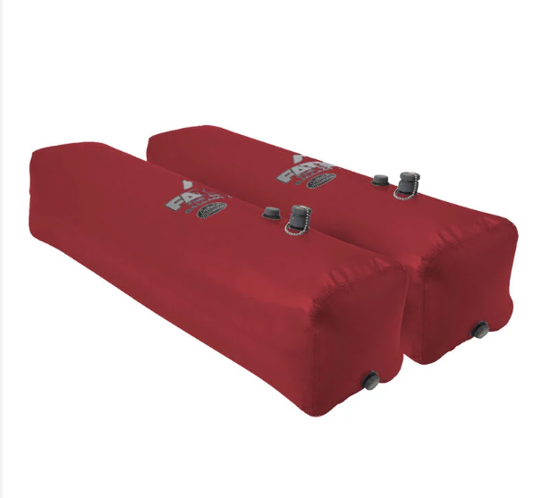 front view of two side by side Red ballast bags with black plugs.