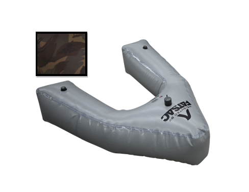 Angled view of Integrated Bow Sac 425 lbs with black valves and inset swatch of camo pattern.
