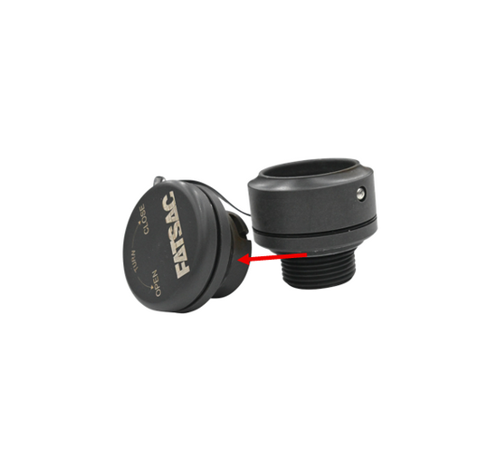 Black threaded ballast valve and screw cap with a red arrow pointing to the replacement O-ring location.
