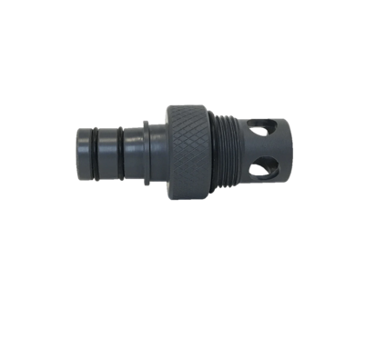 Side view of a black Quick Connect Strainer Fitting with barbed end and vented cap.