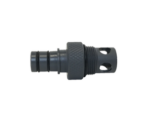 Side view of a black Quick Connect Strainer Fitting with barbed end and vented cap.