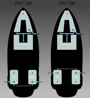 Boat hull plans diagram with Nautique 2100lb upgrade ballast, vents, tanks & autofill setup.