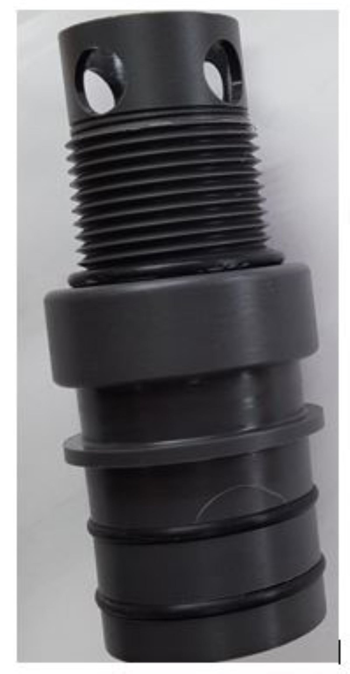 1-1/2 QC fitting (W775-SS): Black, cylindrical, threaded top, 2 holes, anti-leak.