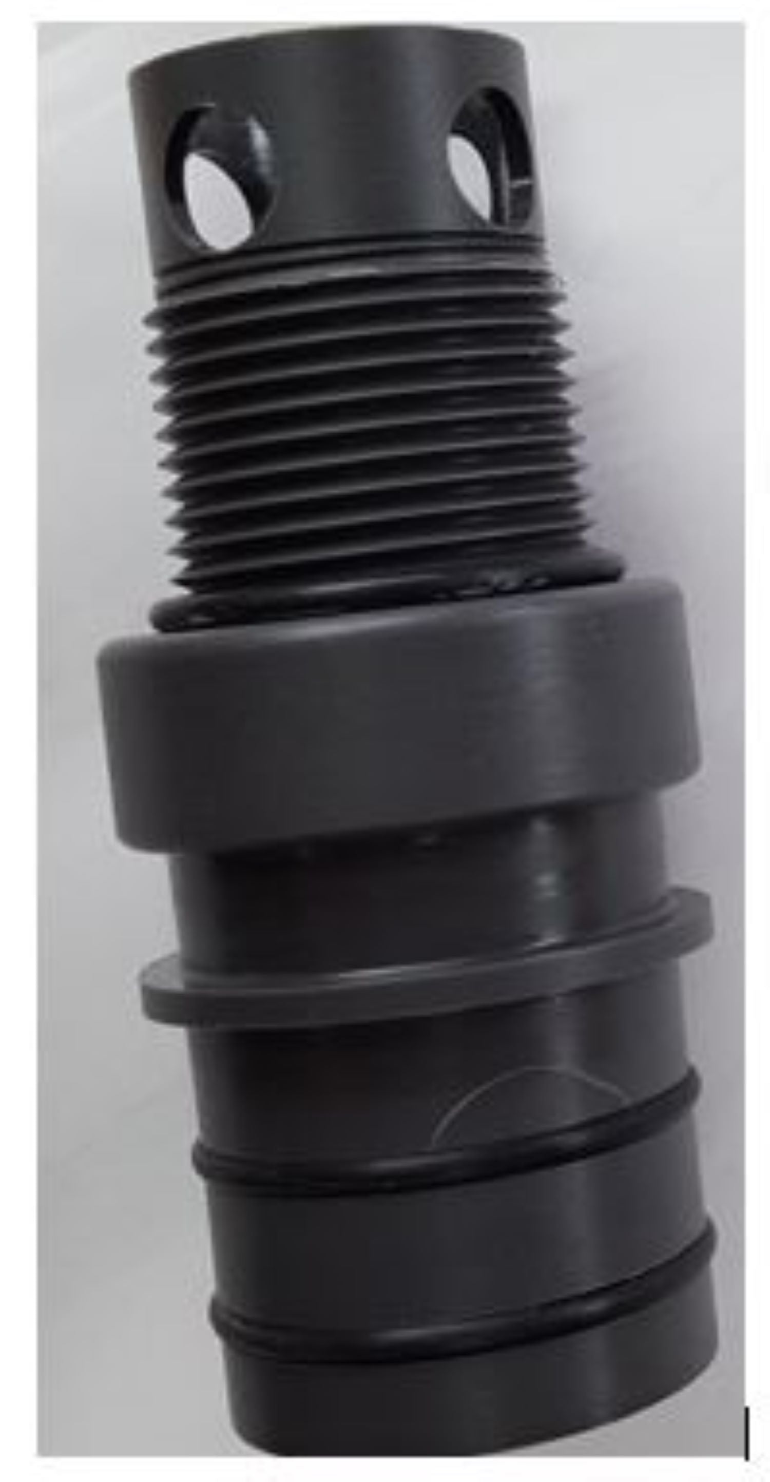 1-1/2 QC fitting (W775-SS): Black, cylindrical, threaded top, 2 holes, anti-leak.